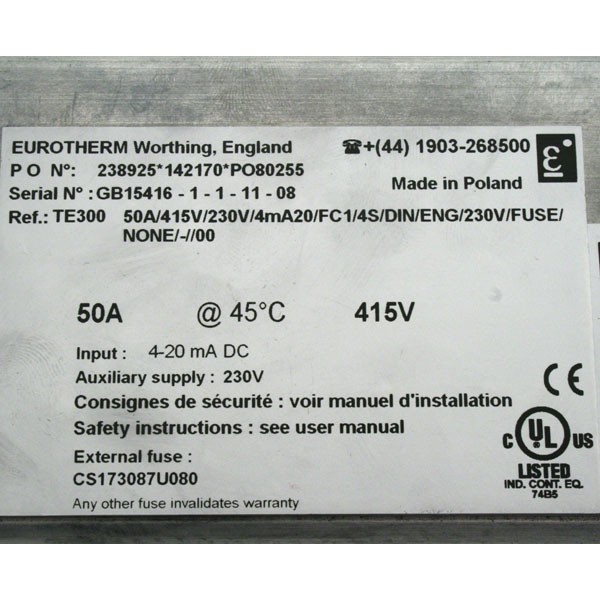 Photo of Eurotherm Thyristor - TE300 50A/415V/230V/4mA20/FC1/4S/DIN/ENG/230V/FUSE/NONE/-/-/-/00