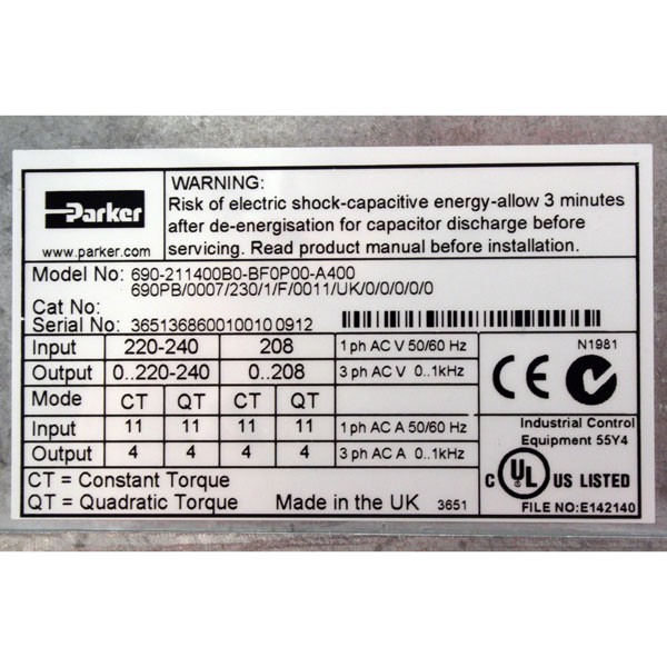 Photo of Parker SSD 690PB 0.75kW 230V 1ph to 3ph AC Inverter Drive, C1 EMC, DBR