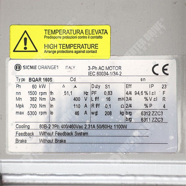 Photo of Sicme 60kW (80HP) x 1500RPM/2400RPM  AC Vector Motor, IP23, 160 Frame